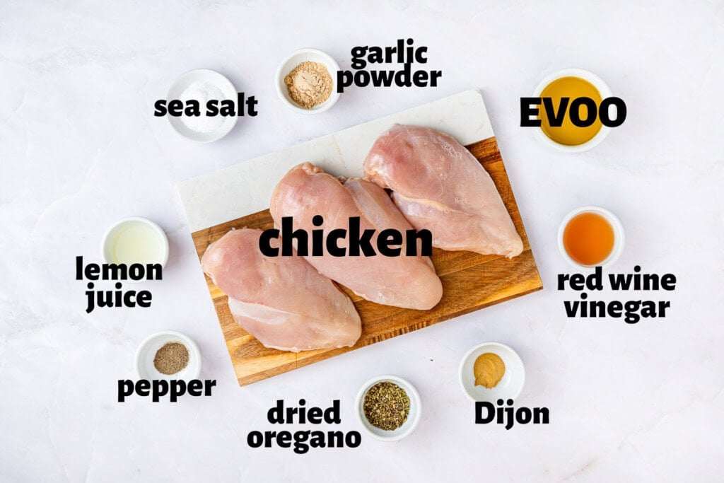 Labeled ingredients for Mediterranean Chicken Marinade.