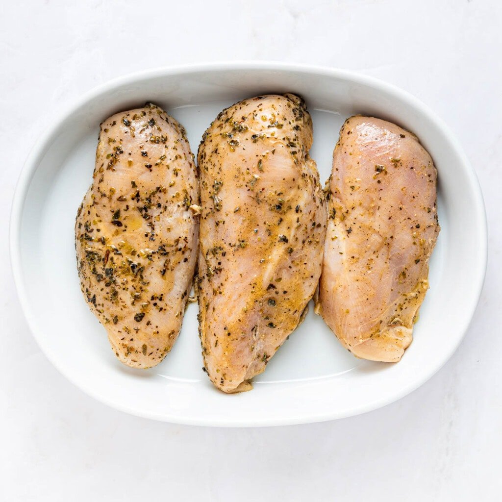 Mediterranean Chicken Marinade ready for the oven.