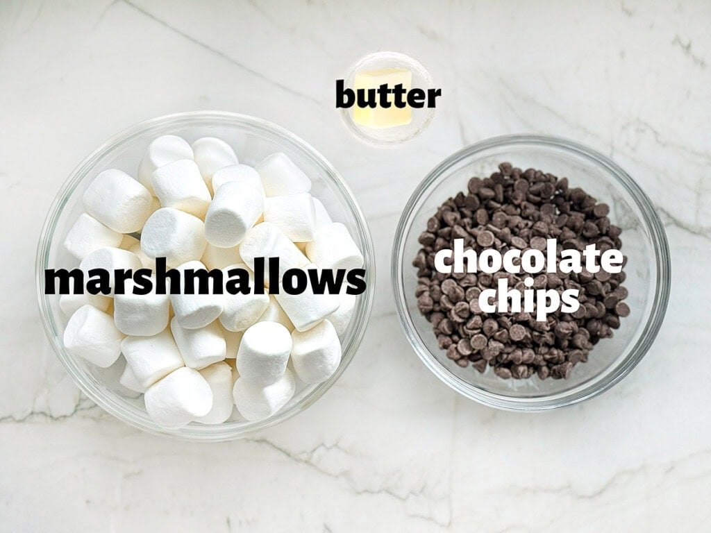 Labeled ingredients to make s'mores dip recipe