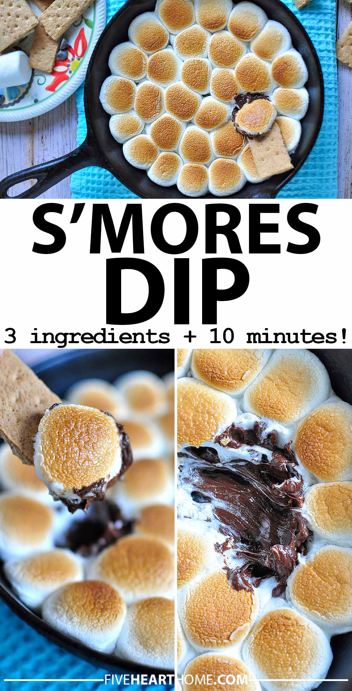 S’mores Dip ~ loaded with melted chocolate and toasty marshmallows, this easy and decadent dessert dip requires just a few minutes in the oven before dipping up with graham crackers! | FiveHeartHome.com via @fivehearthome