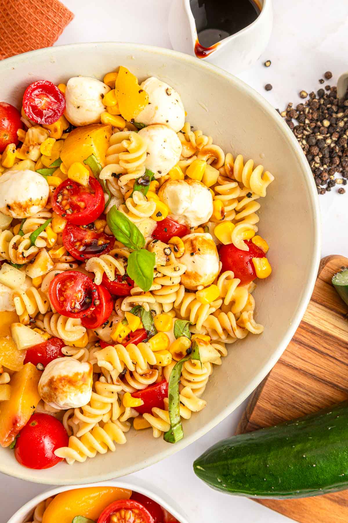 Summer Pasta Salad aerial in serving bowl.