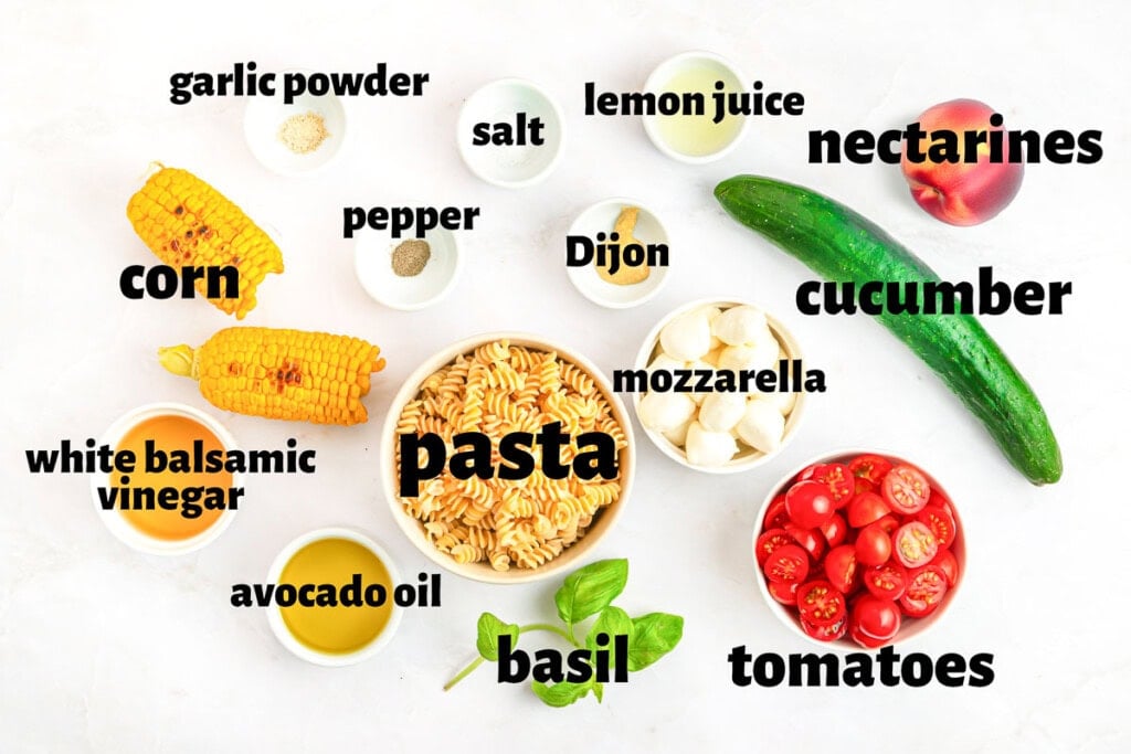 Labeled ingredients to make Summer Pasta Salad.