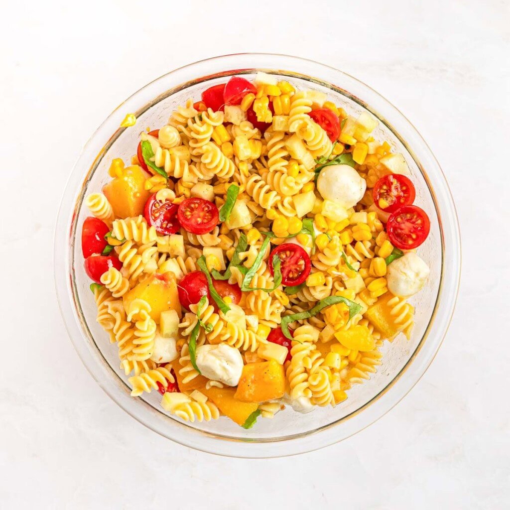Summer Pasta Salad recipe combined in bowl.