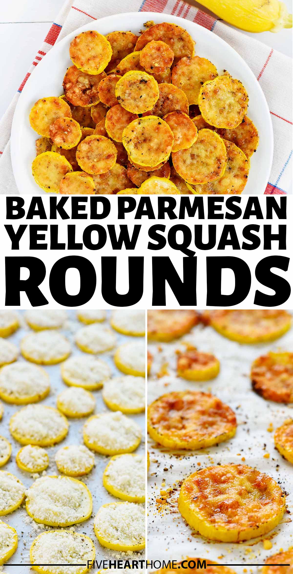 Parmesan Baked Yellow Squash Rounds ~ this yellow squash recipe is both easy and delicious, requiring just two ingredients: yellow squash and grated Parmesan! Once you try it, you’ll never be on the hunt for yellow squash recipes again! | FiveHeartHome.com via @fivehearthome