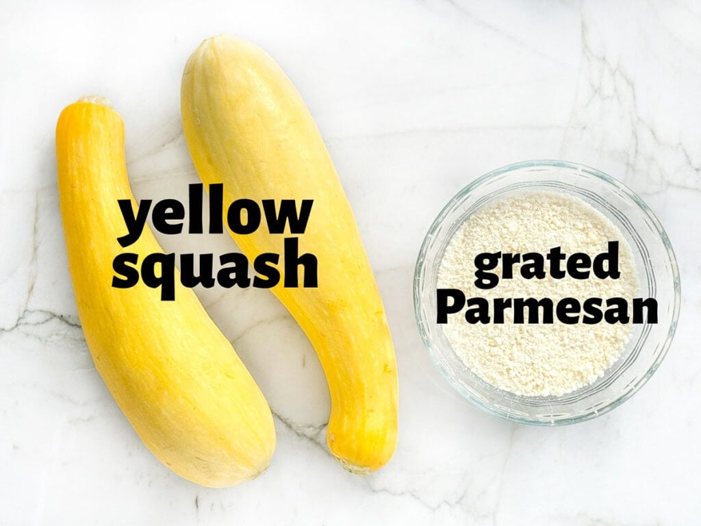 Labeled ingredients to make recipe for yellow squash.