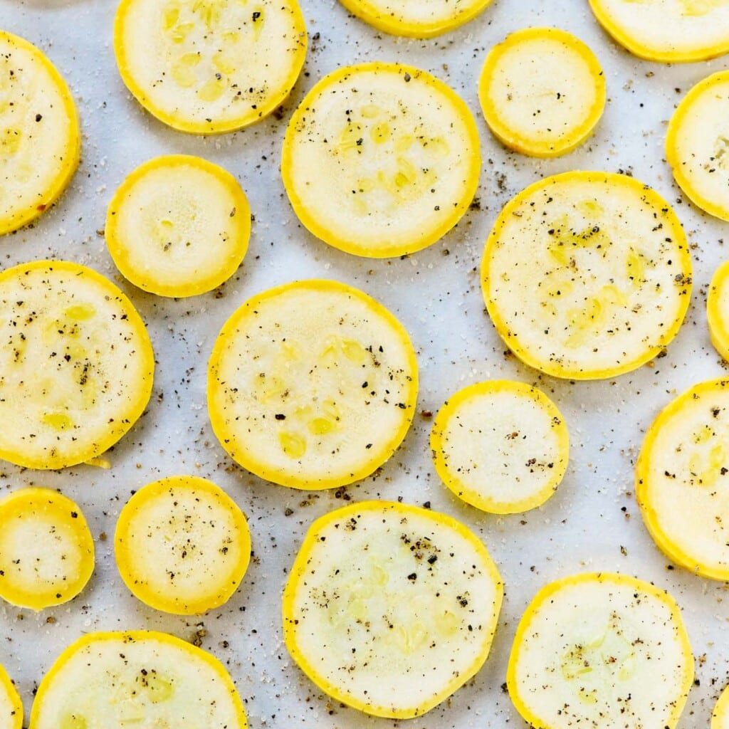 Sliced on pan with garlic salt and pepper.