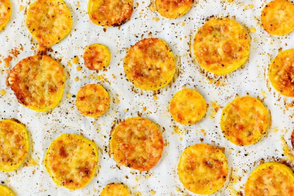 Baked yellow squash on sheet pan.
