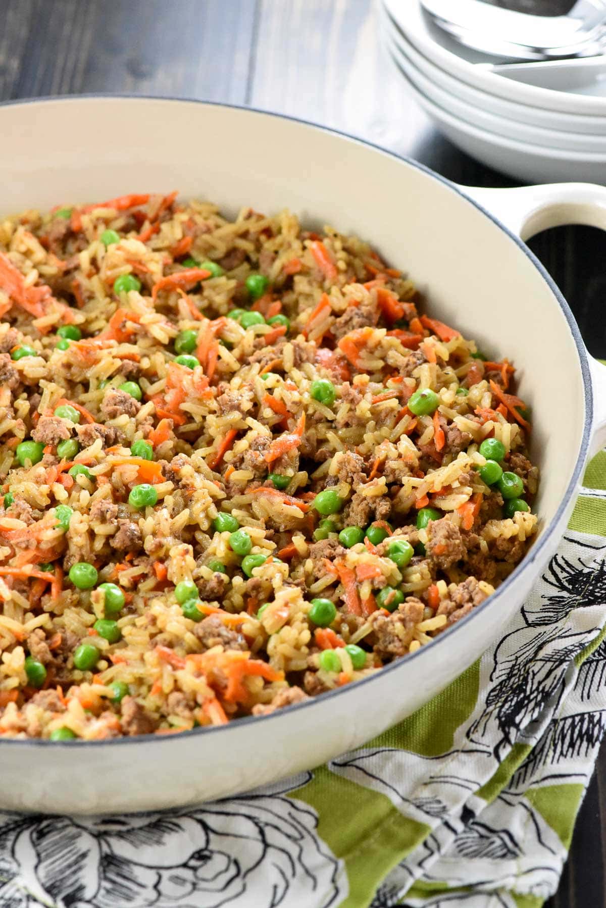 Asian Ground Beef and Rice in pan.