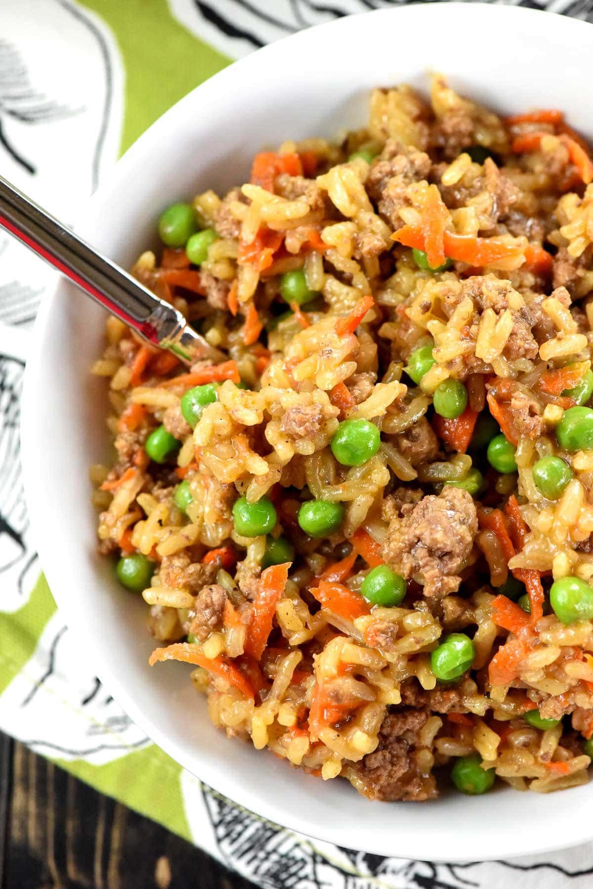 Asian Ground Beef and Rice aerial view in bowl.