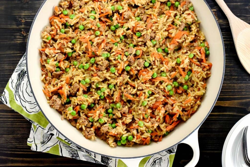 Aerial view of Asian Ground Beef and Rice.