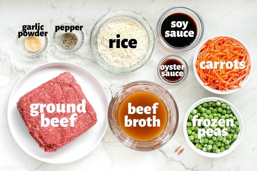 Labeled ingredients to make Asian dishes with ground beef.