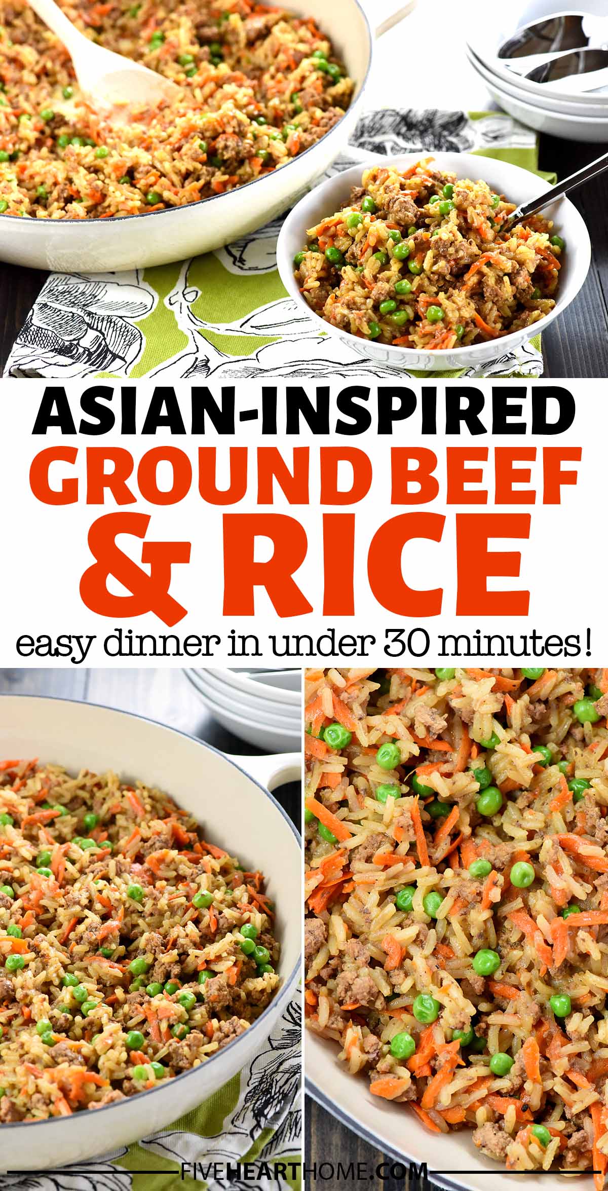 Asian Ground Beef and Rice ~ one of the quickest and easiest Asian ground beef recipes, this dinner requires a simple list of real ingredients, only one pan, and under 30 minutes from start to finish! If you’re searching for ground beef and rice recipes, look no further! | FiveHeartHome.com via @fivehearthome