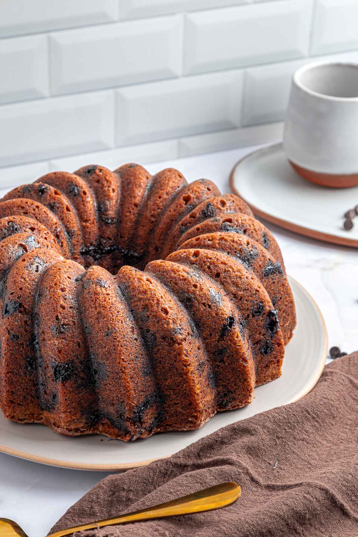 Banana Chocolate Chip Cake on platter.