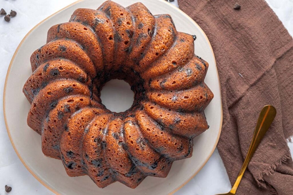 Banana Chocolate Chip Bundt Cake on platter.