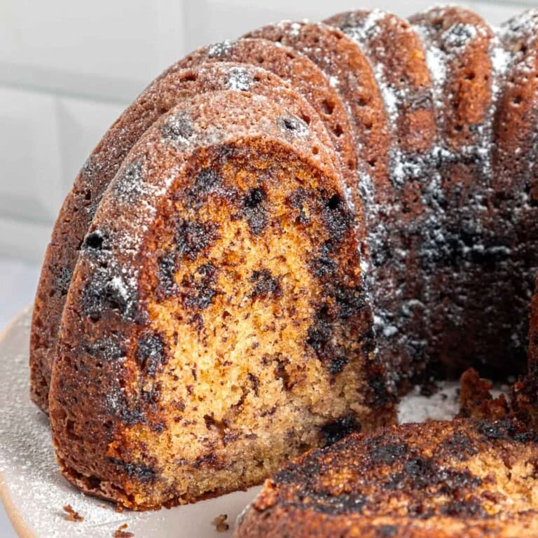 Banana Chocolate Chip Cake, close-up of sliced banana bundt cake.