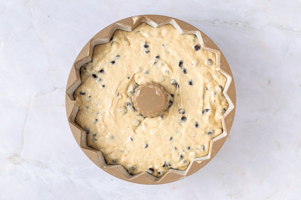 Banana Chocolate Chip Cake batter in bundt pan.