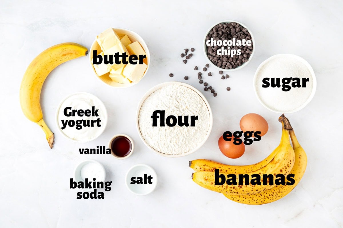 Labeled ingredients to make Banana Chocolate Chip Cake.