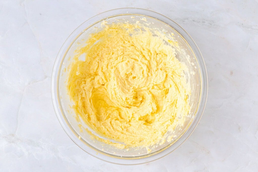 Eggs blended into batter.