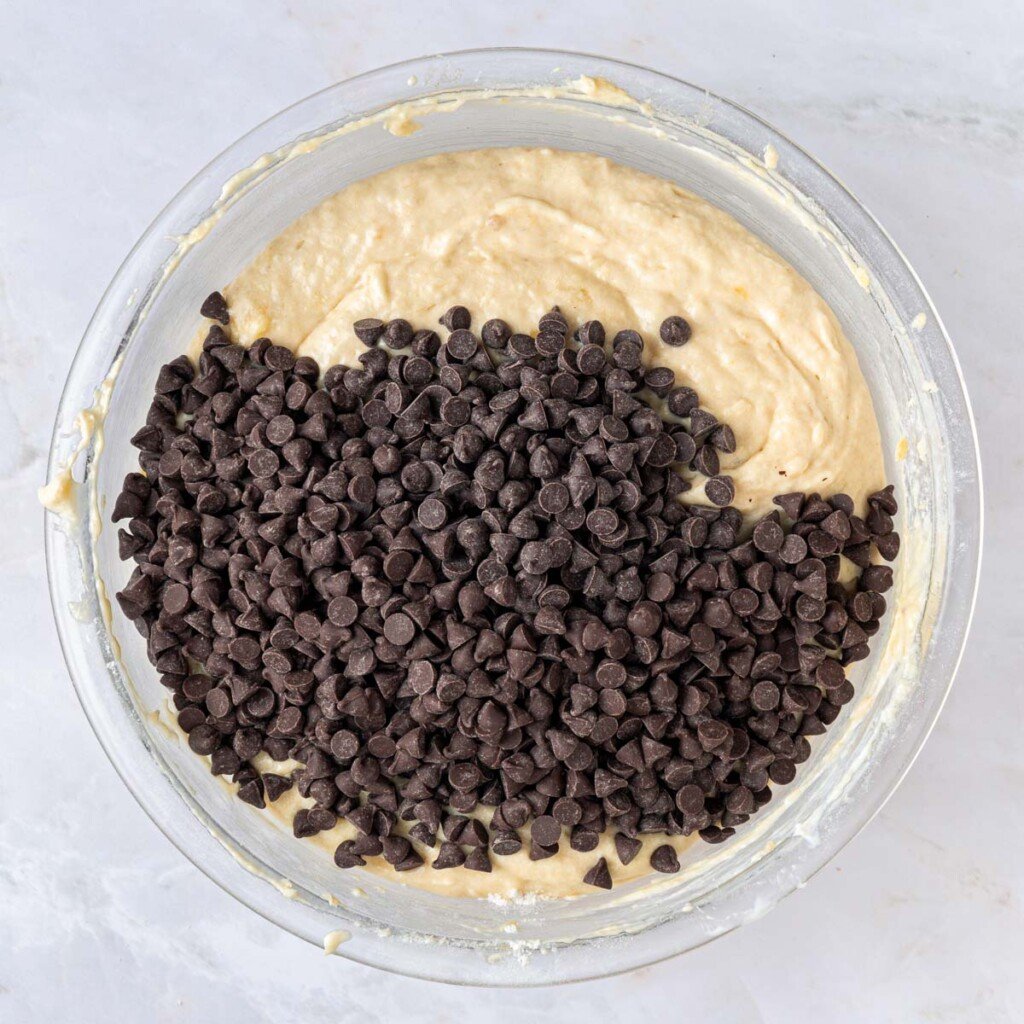 Chocolate chips added to bowl.