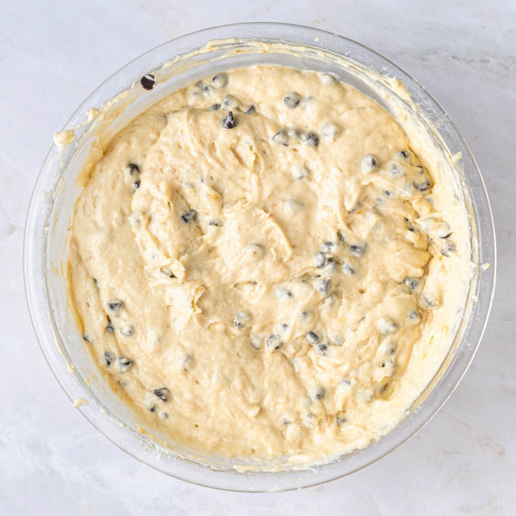 Chocolate chips stirred into Banana Chocolate Chip Cake recipe.
