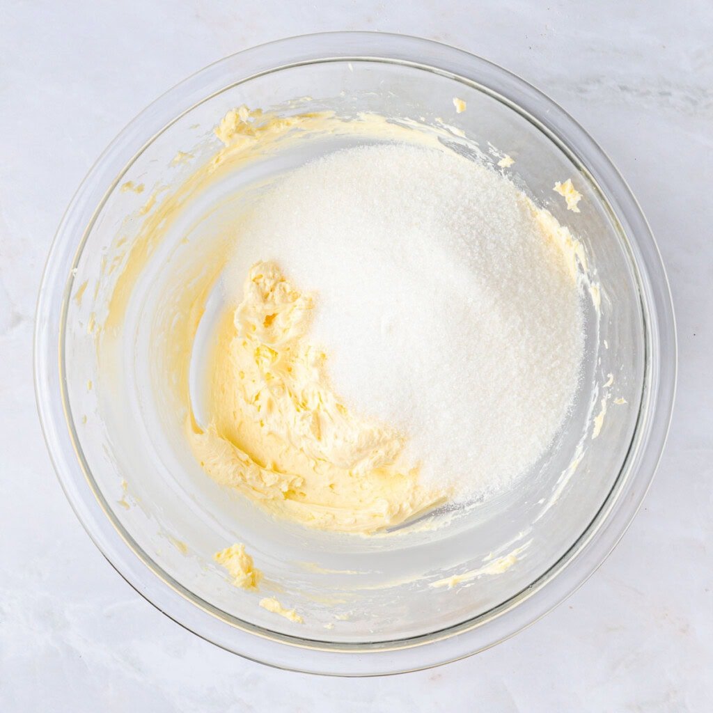 Sugar added to butter for Banana Chocolate Chip Cake recipe.