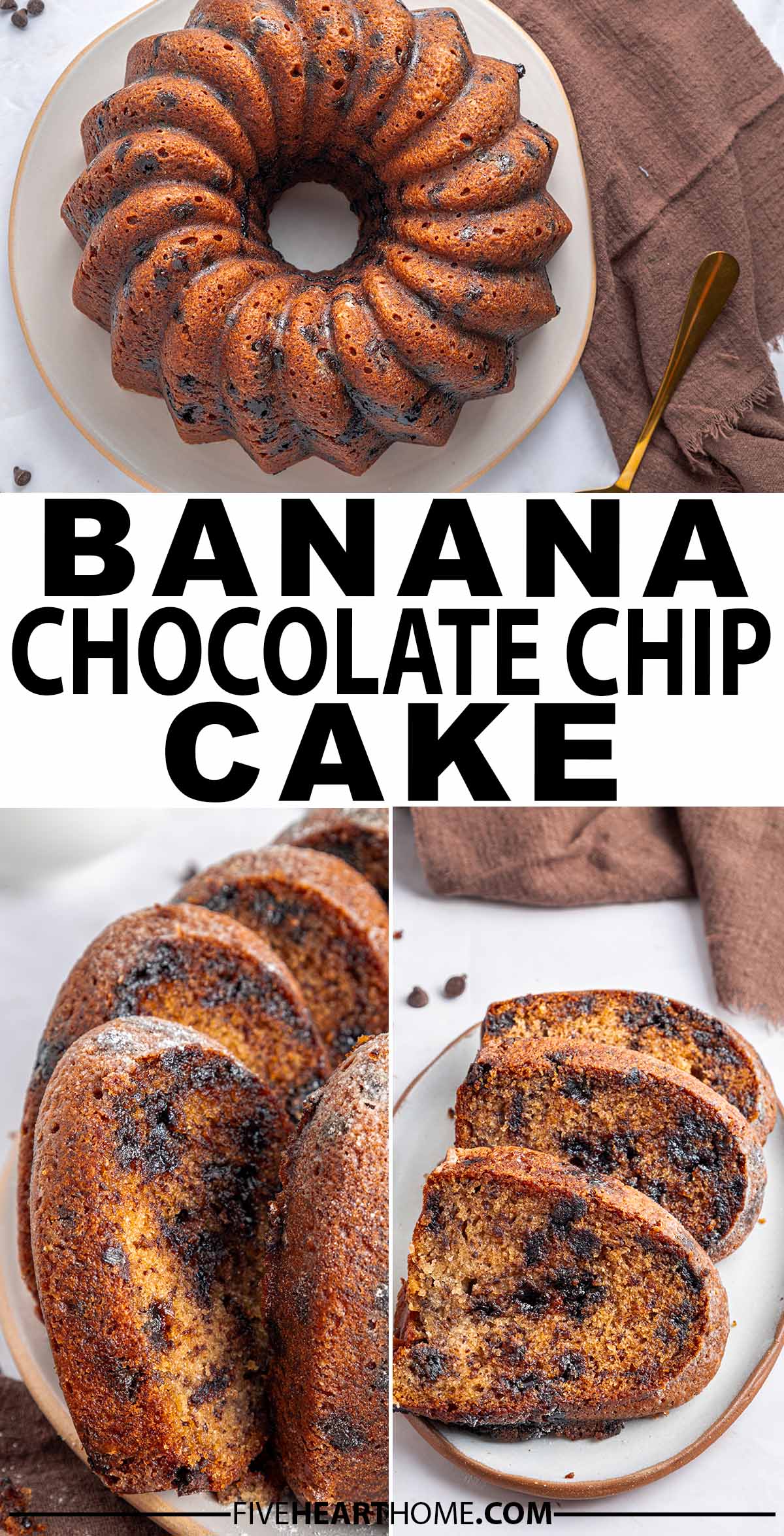 Banana Chocolate Chip Cake ~ this moist, decadent, scrumptious banana bundt cake is loaded with mini chocolate chips and guaranteed to be a hit! | FiveHeartHome.com via @fivehearthome