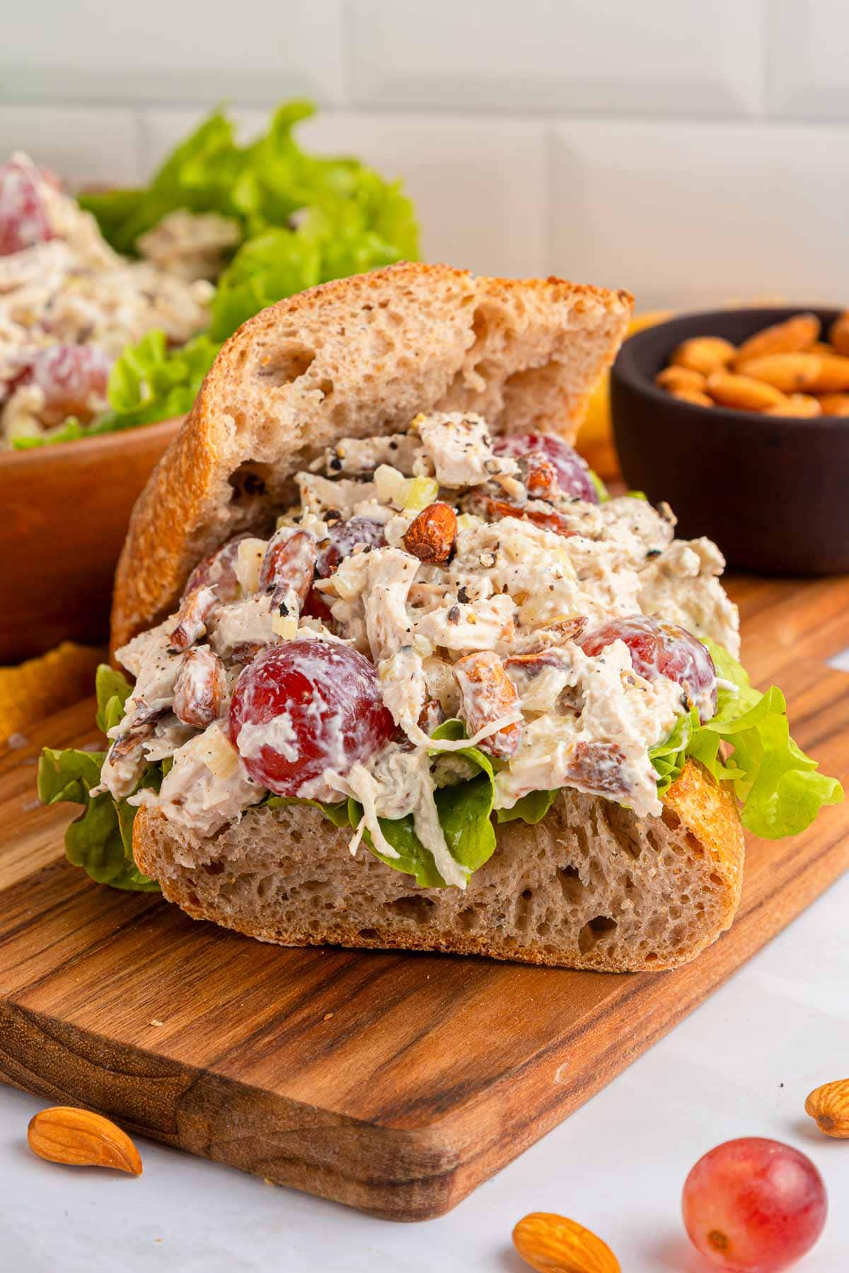 Chicken Salad with Grapes in sandwich roll.