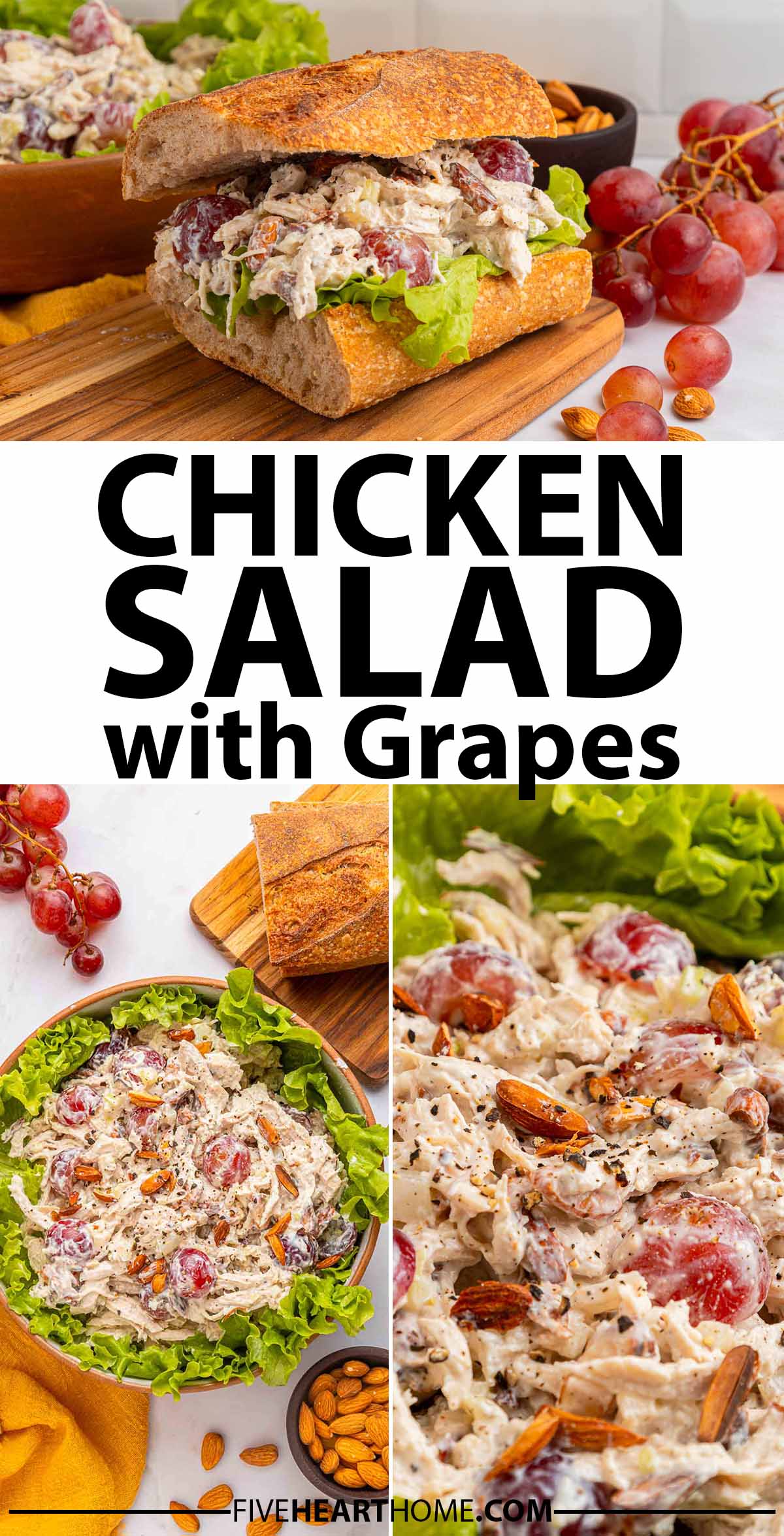 Chicken Salad with Grapes ~ lightened up with Greek yogurt, this chicken salad recipe with grapes is bursting with flavor and texture from tender chicken, sweet grapes, crunchy celery, and toasted almonds! | FiveHeartHome.com via @fivehearthome
