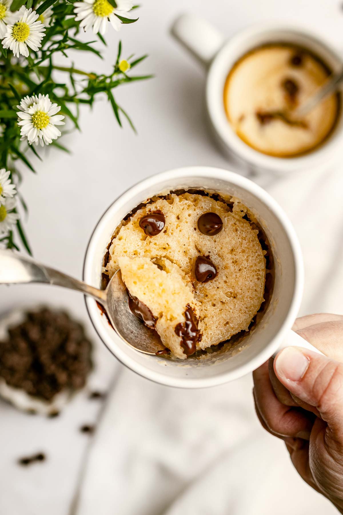Mug cake with no eggs and chocolate chips.