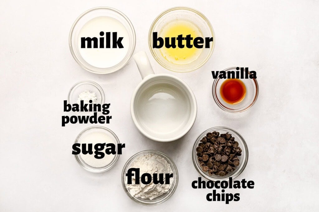 Labeled ingredients to make Chocolate Chip Mug Cake recipe.