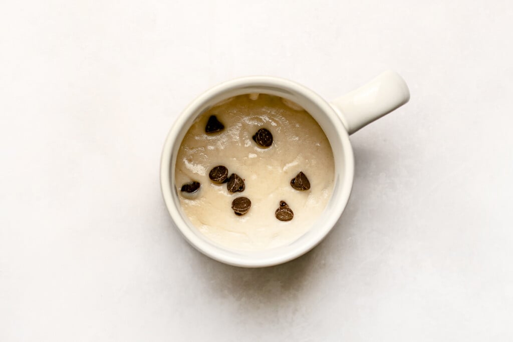 Chocolate Chip Mug Cake ready to microwave.
