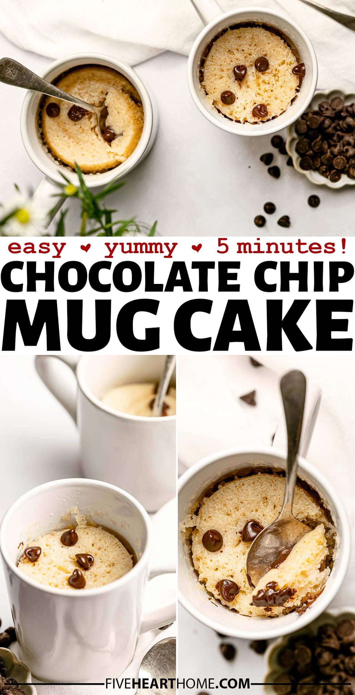 Chocolate Chip Mug Cake ~ fluffy, sweet, and easy to make in a few short minutes using basic ingredients (and no eggs) for a satisfying, last-minute treat to satisfy any sweet tooth! | FiveHeartHome.com via @fivehearthome