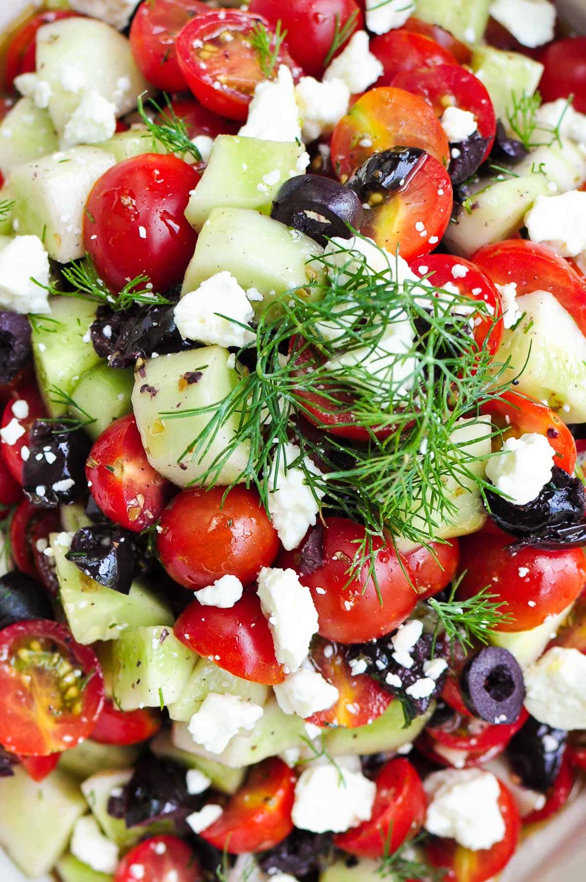 Cucumber Tomato Feta Salad aerial close-up.