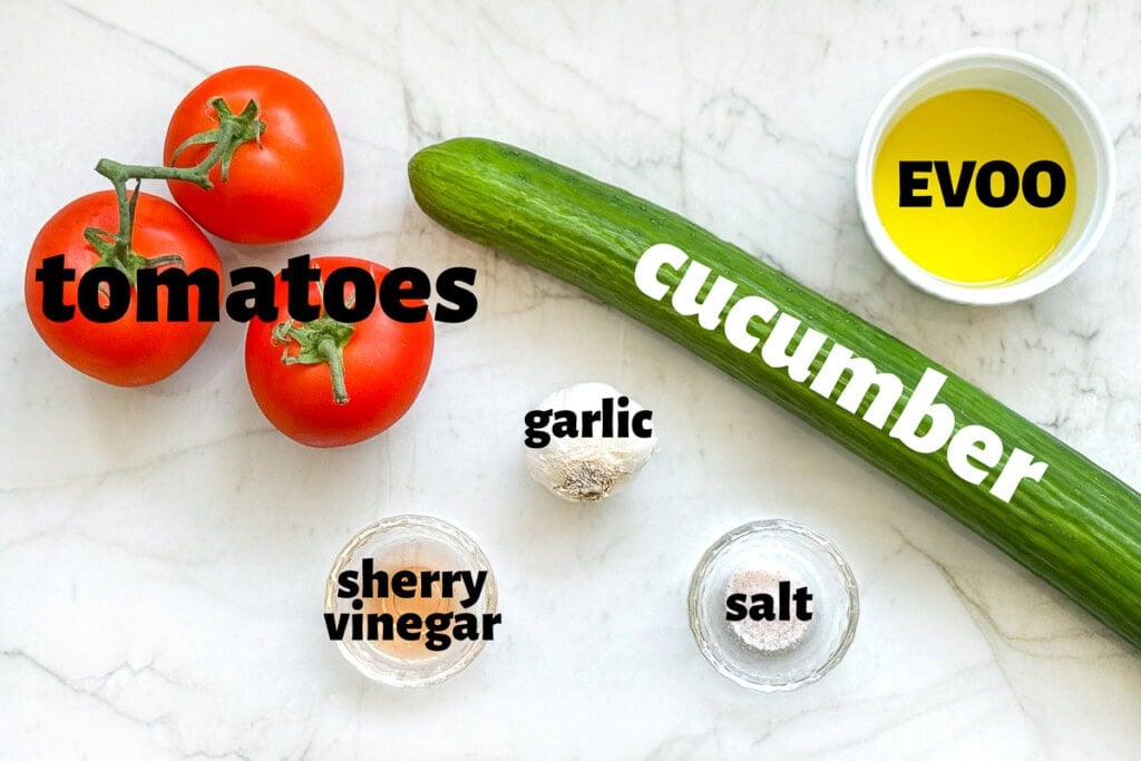 Labeled ingredients to make Gazpacho recipe.