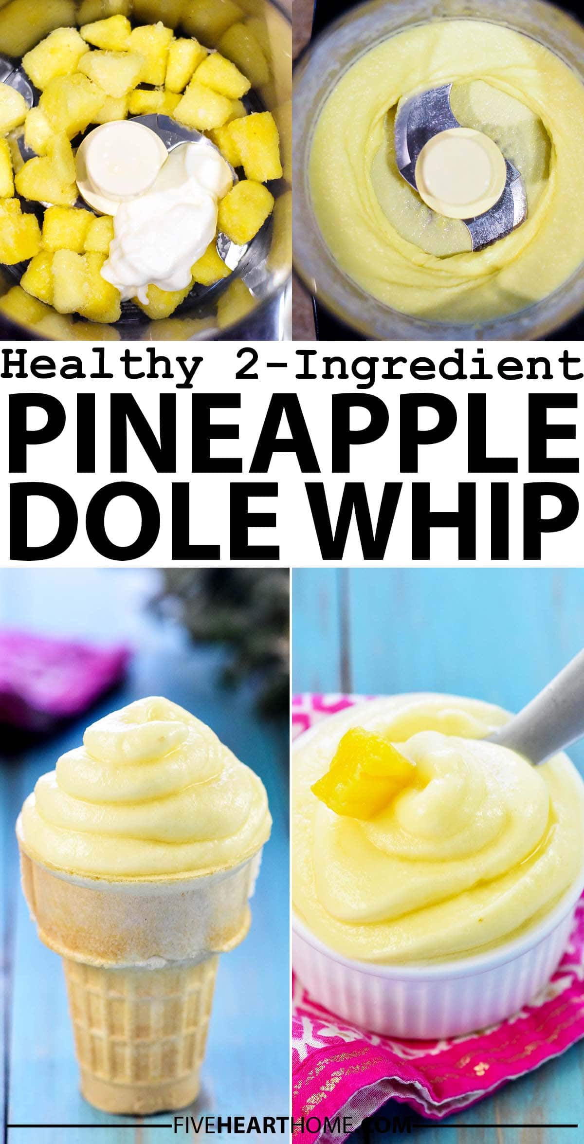 Pineapple Dole Whip ~ easy to make at home using just two healthy ingredients for an improved copycat of the Disney classic! | FiveHeartHome.com via @fivehearthome