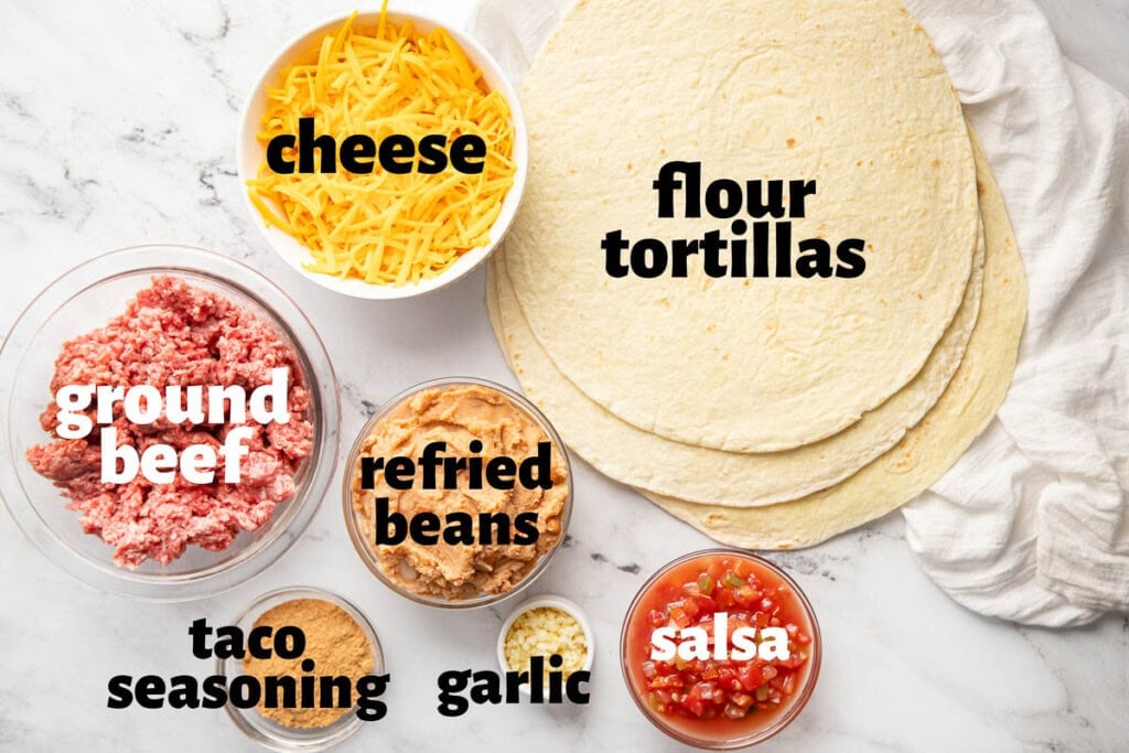 Labeled ingredients to make Beef and Bean Burritos.