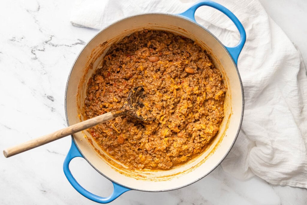 Beef and Bean Burritos filling in pot.