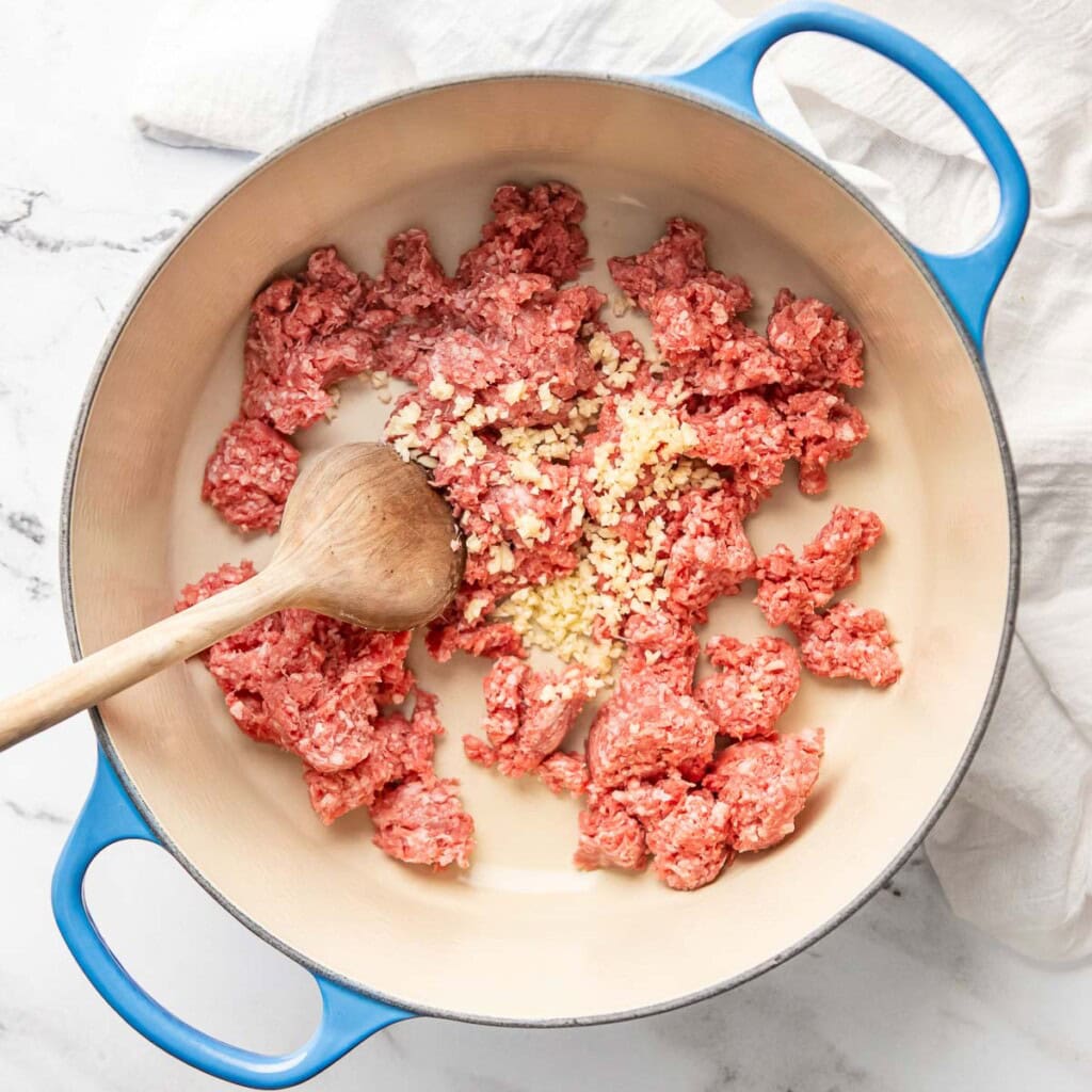 Cooking meat and garlic in Dutch oven.