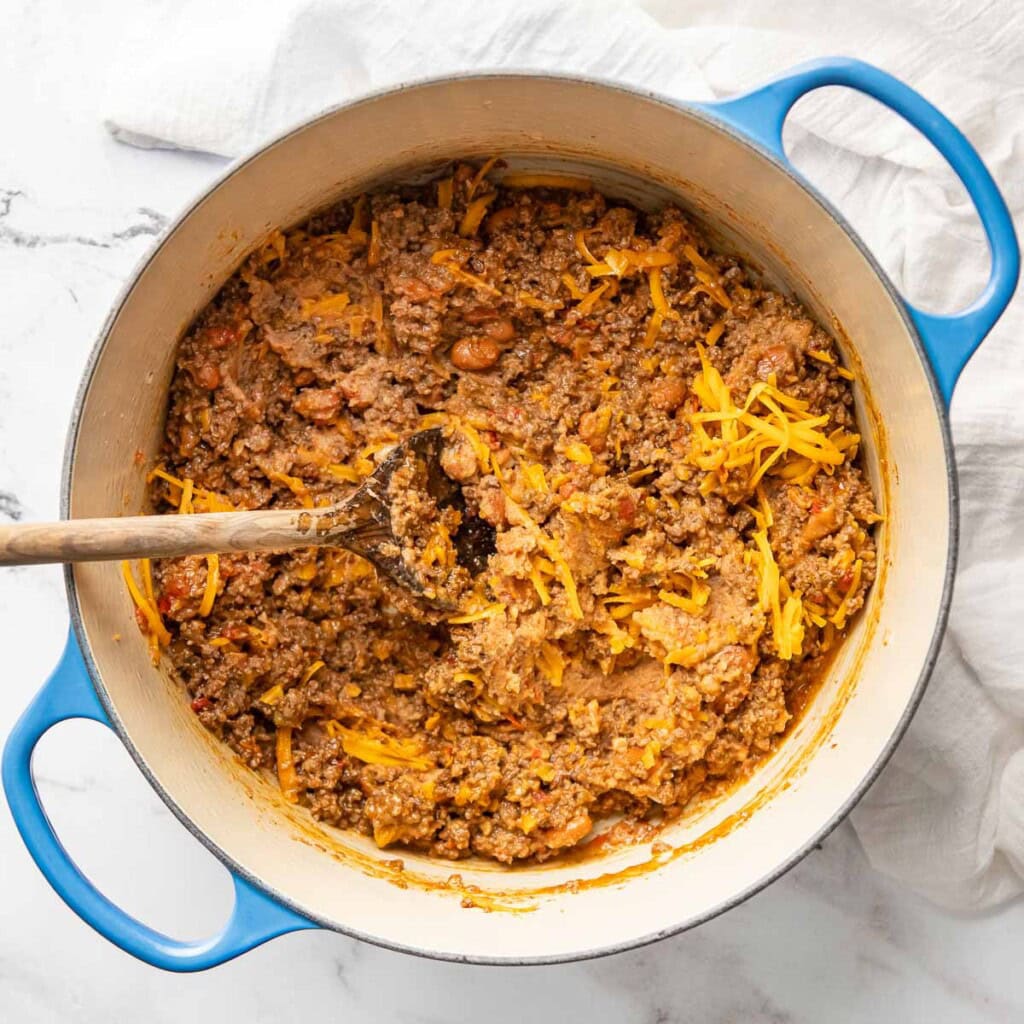 Filling for Beef and Bean Burritos in pot.