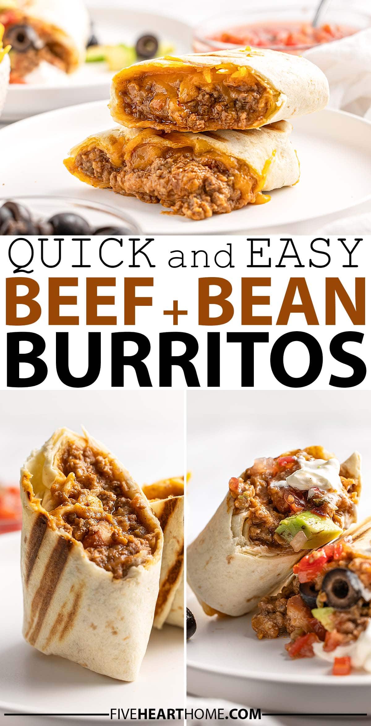Beef and Bean Burritos ~ easy to make in under 20 minutes and deliciously satisfying, this simple burrito recipe is stuffed with a mixture of lean ground beef, refried beans, taco seasoning, salsa, and cheese! | FiveHeartHome.com via @fivehearthome