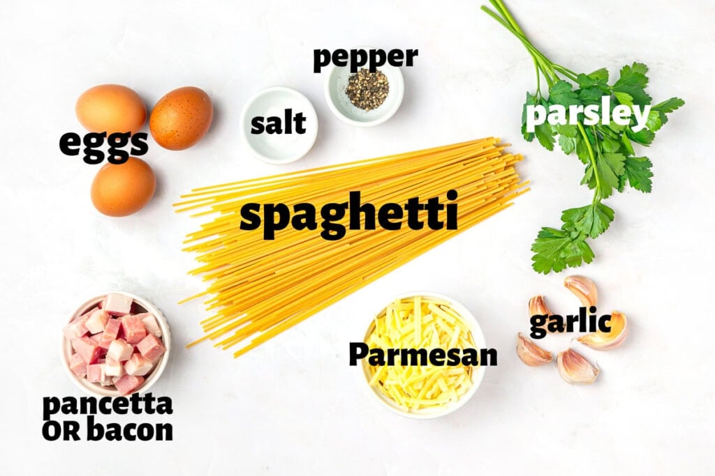 Labeled ingredients to make Carbonara Recipe.