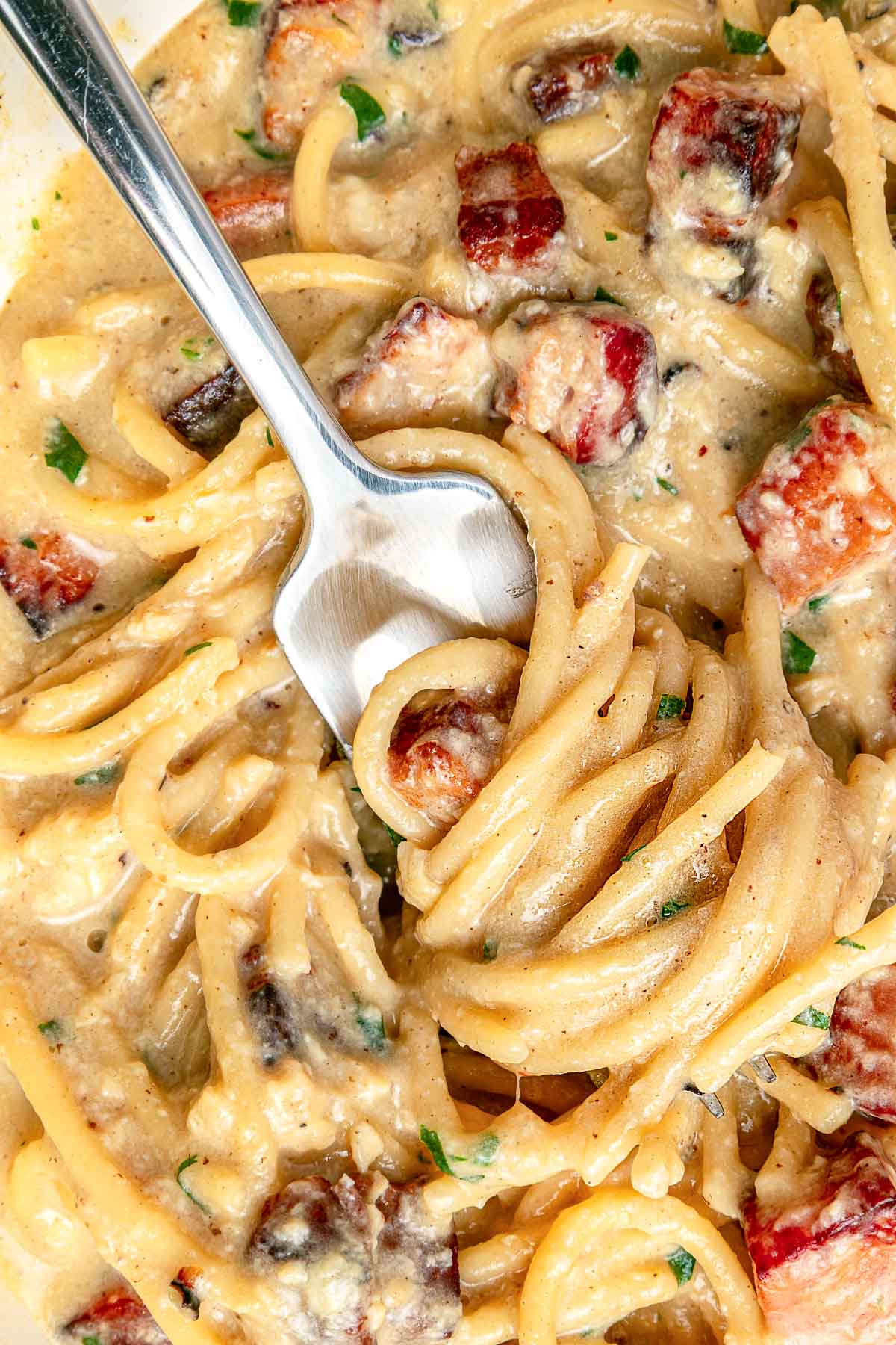 Carbonara Recipe with fork in spaghetti close-up.