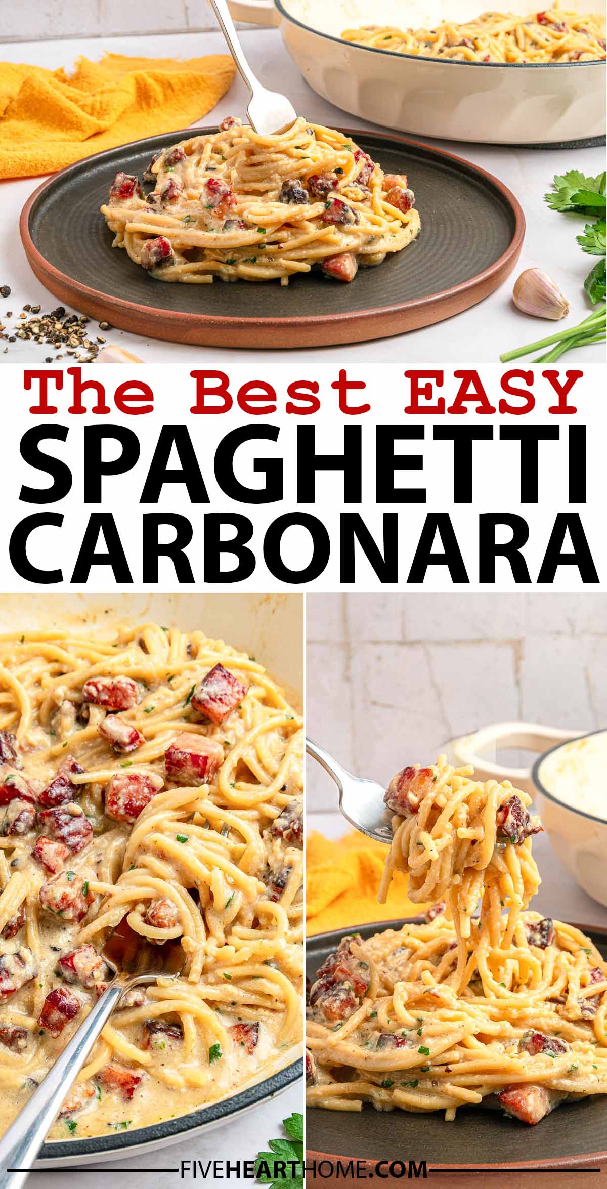 Carbonara Recipe ~ pasta carbonara is a quick and easy version of the classic, made with simple and accessible ingredients for a flavorful dinner that’s on the table in under 30 minutes! | FiveHeartHome.com via @fivehearthome