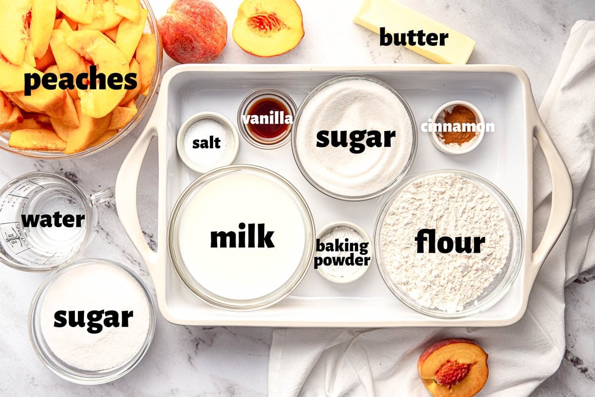 Labeled ingredients to make Easy Peach Cobbler recipe.