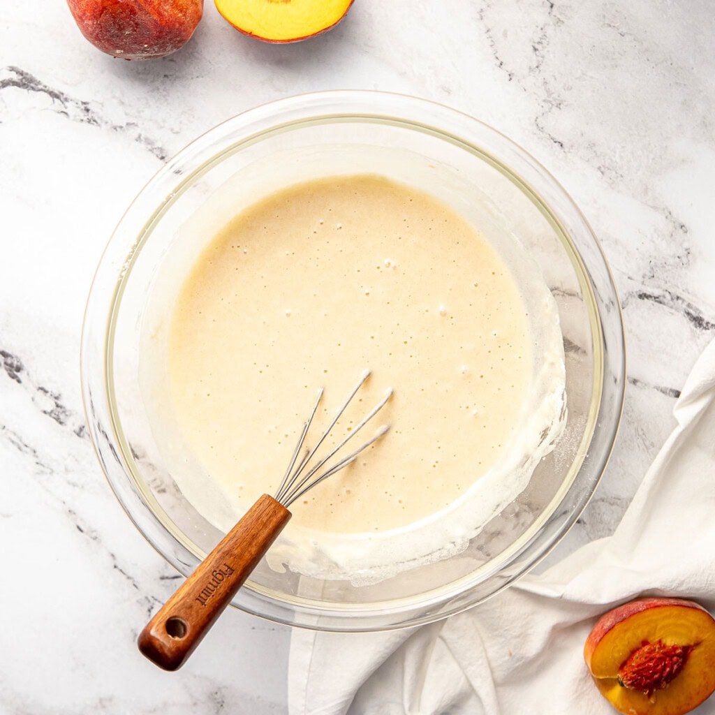 Batter in bowl for Easy Peach Cobbler recipe.