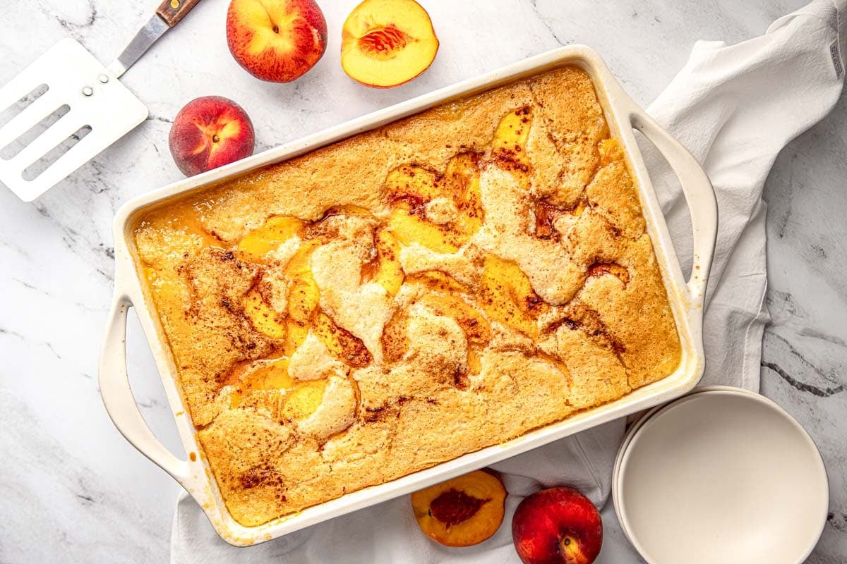 Easy Peach Cobbler fresh out of oven.