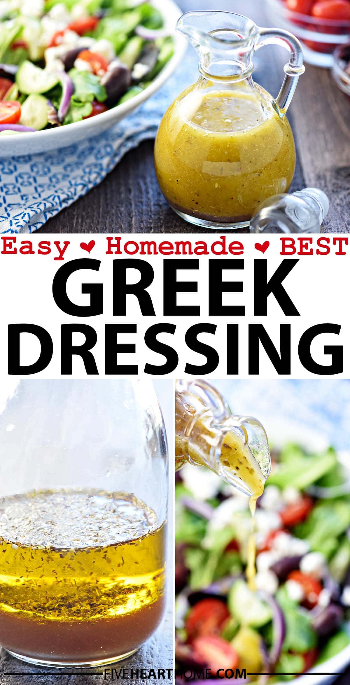 Greek Salad Dressing ~ this homemade Greek Dressing is tangy, easy to make, and absolutely delicious drizzled over a green salad, poured over raw or roasted veggies, stirred into a pasta salad, or used as a marinade! | FiveHeartHome.com via @fivehearthome