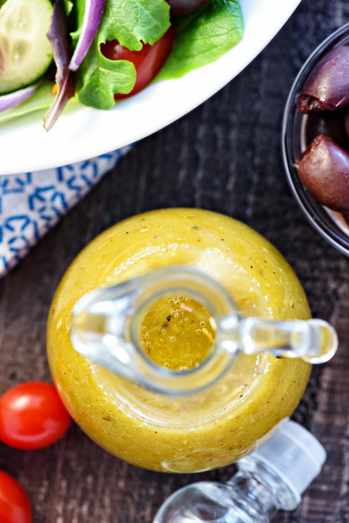 Greek Salad Dressing aerial view in bottle.
