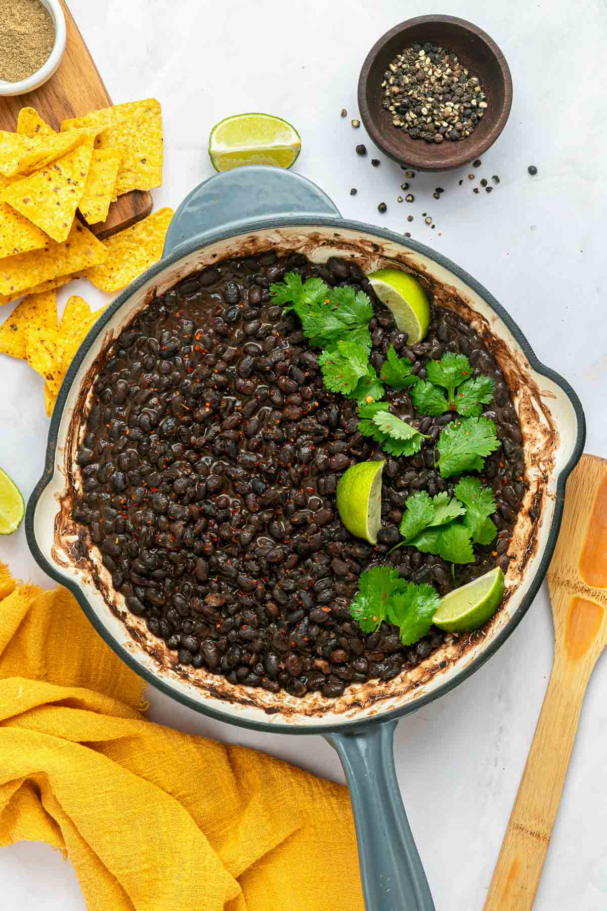 Seasoned Black Beans aerial view in skillet.