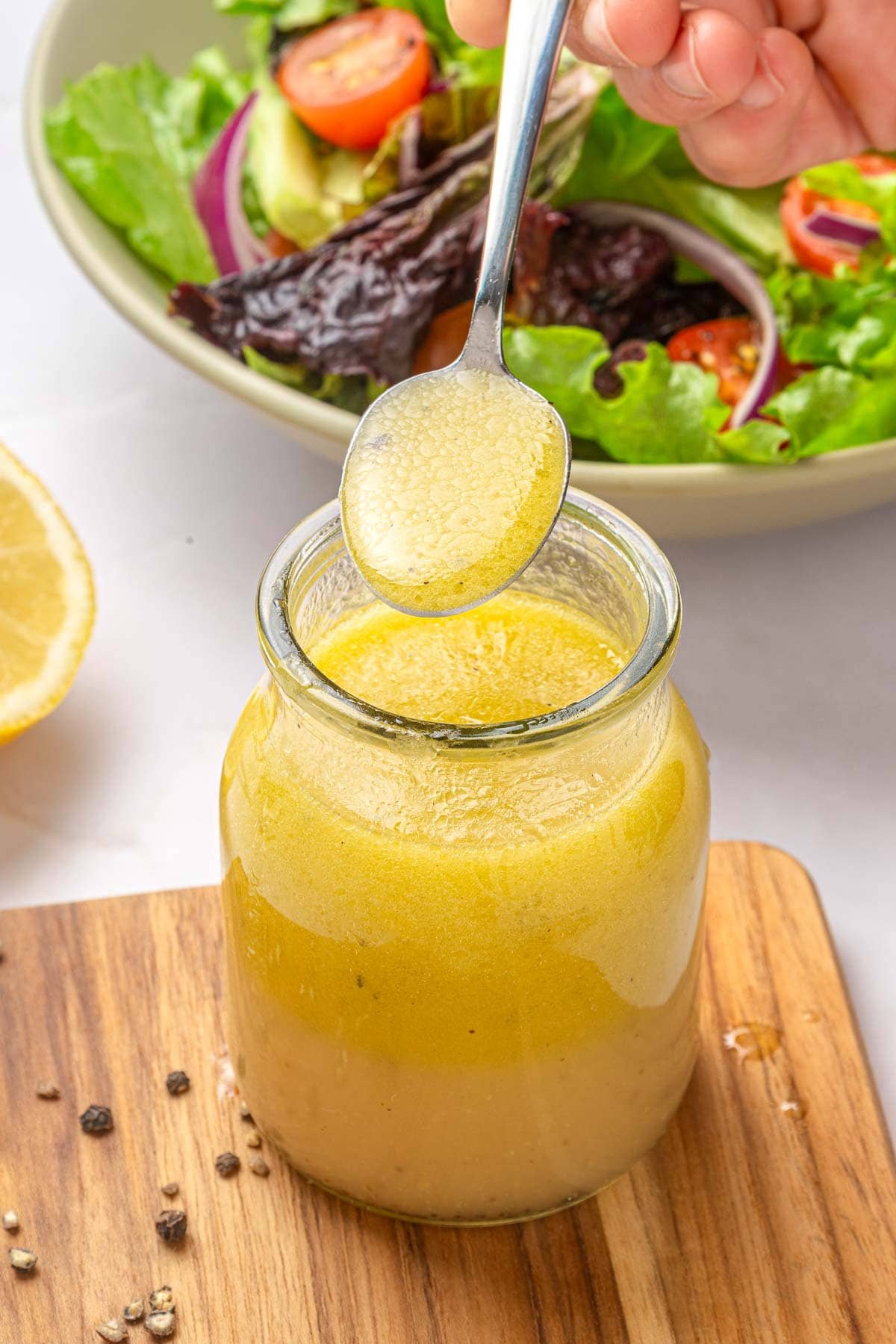 White Balsamic Vinaigrette on spoon.